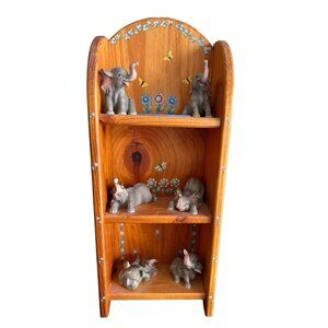 Vintage Elephant Handmade Painted Flowers Wood Shelf Three Tiers 18.5” Tall Fig